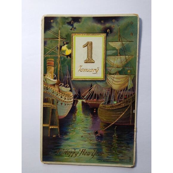 New Years Postcard Ships Boats Harbor Moon Stars 1237 Gel Germany Otto Schloss - Picture 5 of 5